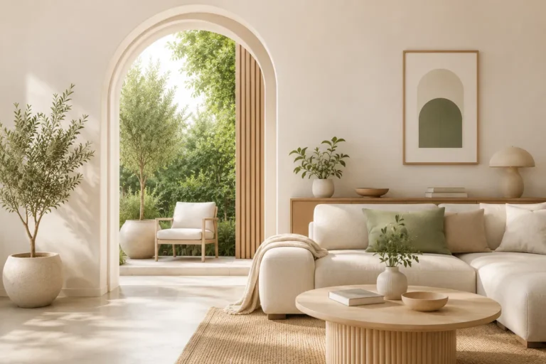 Lichte woonkamer met beige bank, ronde houten salontafel, boogdeur naar groene tuin, planten en natuurlijke materialen