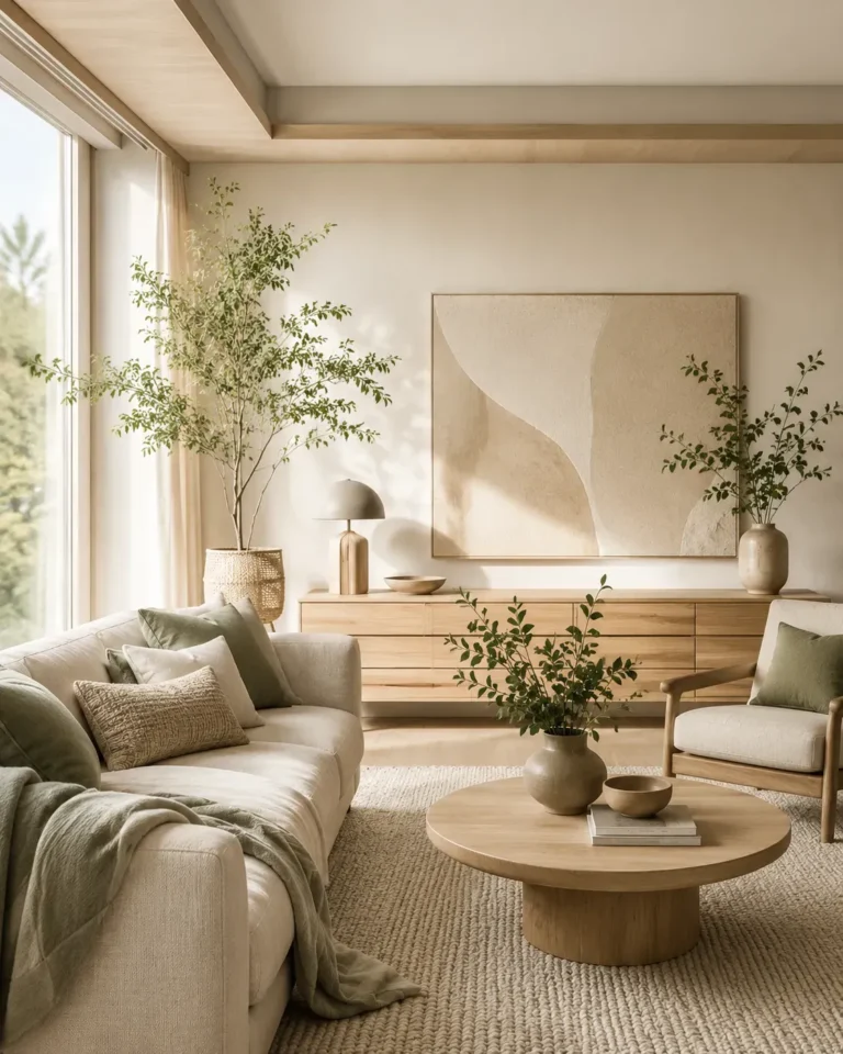Lichte Japandi woonkamer met beige bank, houten salontafel, groene planten, natuurlijke materialen en warme neutrale tinten