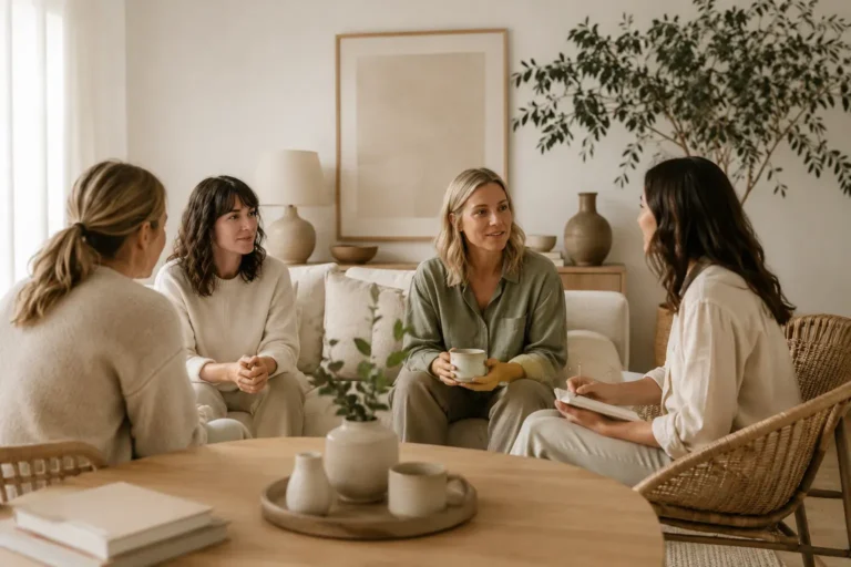 Groep vrouwen in een lichte woonkamer die samen praten over wonen, interieur en samenwerking