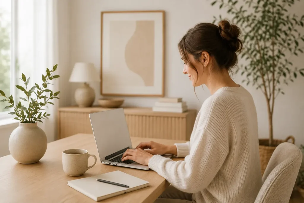 Vrouw schrijft zich online in op een laptop in een lichte minimalistische woonruimte met houten bureau, planten en natuurlijke tinten