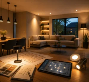 Warm verlichte woonkamer met verlichtingsplan, plattegrond, tablet en verschillende lichtpunten voor sfeervolle woningverlichting
