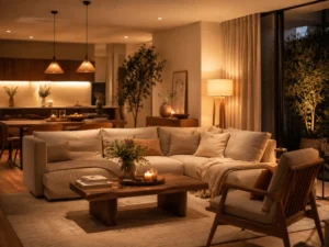 Warme verlichting in een gezellige moderne woonkamer met sfeerlampen, kaarsen en zachte interieurkleuren