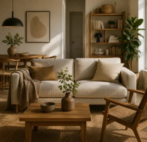 Warme woonkamer met tijdloze meubels, houten tafel, neutrale bank, planten en duurzame inrichting die langer meegaat