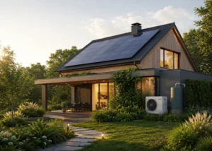 Duurzaam huis met zonnepanelen, warmtepomp, regenton en groene tuin als voorbeeld van duurzaam wonen
