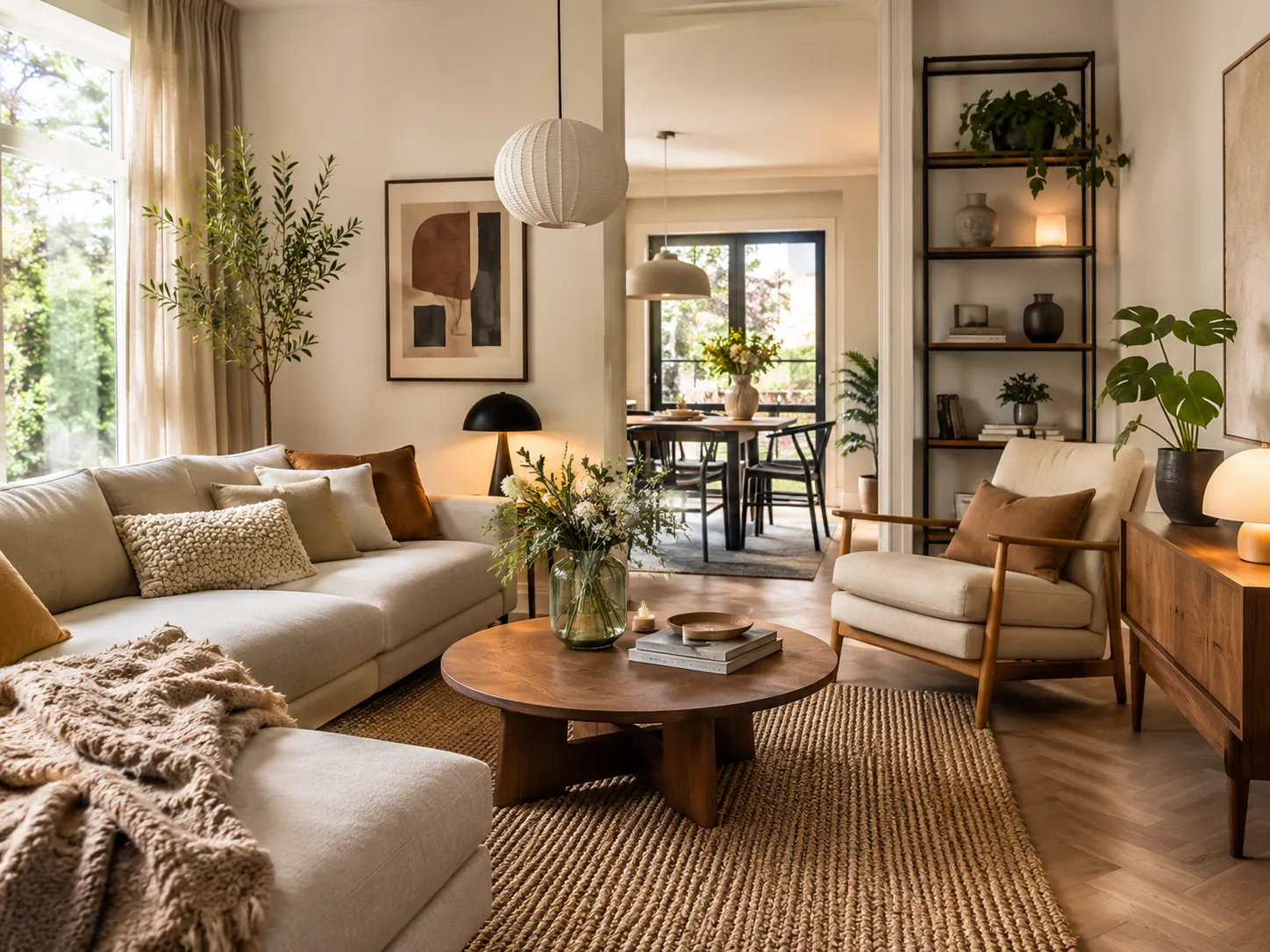 Warme woonkamer met natuurlijke materialen, planten, zachte kleuren en sfeervolle indeling als wooninspiratie voor het interieur