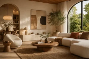 Moderne woonkamer met warme aardetinten, ronde meubels, natuurlijke materialen, organische vormen en veel daglicht als voorbeeld van interieur trends 2026