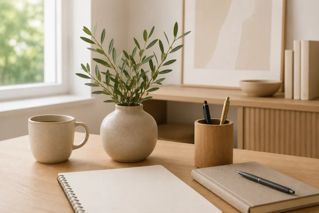 Minimalistische werkplek met houten bureau, keramische mok, vaas met groene takken en notitieboek in zachte natuurlijke tinten
