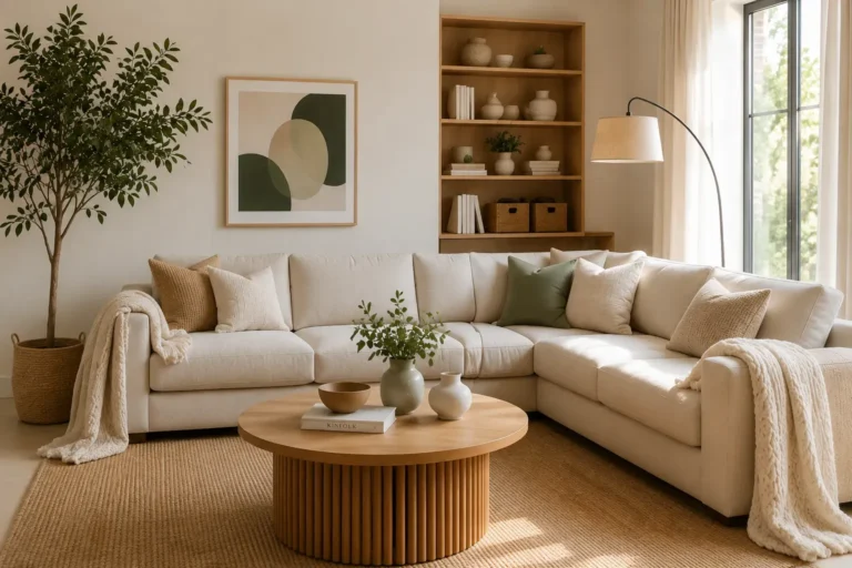 Lichte Scandinavische woonkamer met beige hoekbank, houten salontafel, groene planten en natuurlijke woonaccessoires